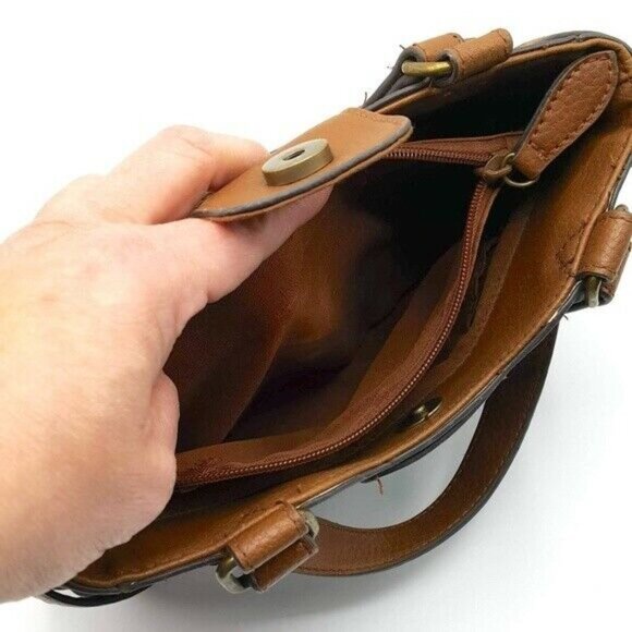 John Romaine Canvas Handbag Black Tan Zip Magnetic Closure Vegan Leather Vintage - Picture 7 of 8